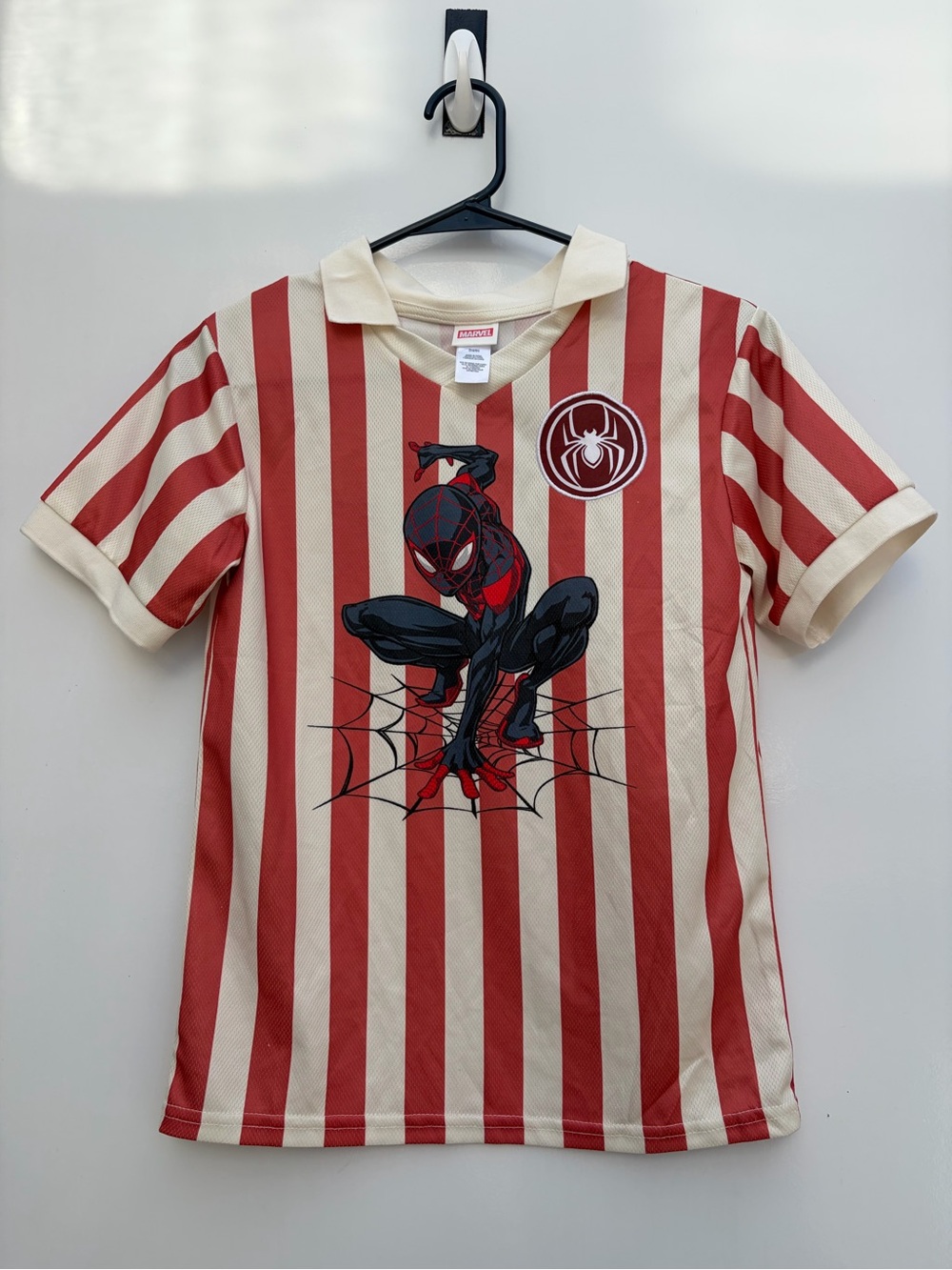 Marvel Miles Morales Spider-Man Kids Size 10 Jersey Shirt Red White Striped